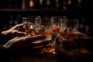 AI generated Hands with cheers whiskey glasses. Generate ai photo