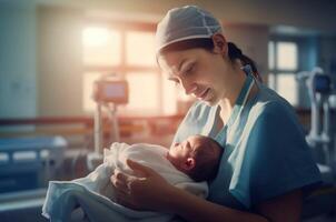 AI generated Nurse cradling infant in hospital room. Generate ai photo