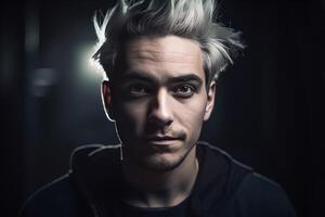 AI generated Young man with white dyed hair. Generate ai photo