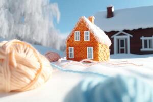 AI generated Knitted orange house thread in winter ambiance. Generate ai photo