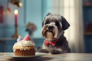 AI generated Dog with tie birthday cupcake with candle. Generate ai photo