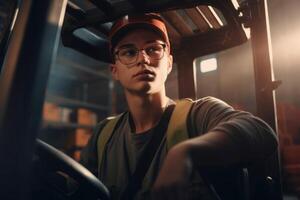AI generated Young male forklift warehouse worker. Generate ai photo