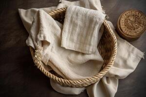 AI generated Natural linen towel top view in straw basket. Generate ai photo