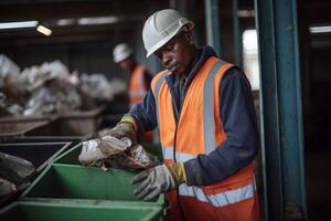 AI generated Recycling industrial worker sorting waste. Generate ai photo