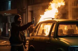 ai generado manifestante molotov cóctel policía. generar ai foto