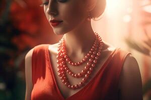 ai generado mujer en rojo vestir con perla collar. generar ai foto