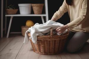 AI generated Woman folding laundry basket. Generate ai photo