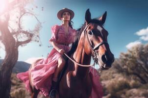 AI generated Girl pink dress horse. Generate AI photo