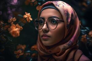 AI generated Muslim woman pink floral hijab. Generate ai photo