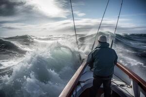 ai generado pescador barco mar ondas. generar ai foto