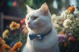 AI generated White cat with blue bow with flowers portrait. Generate ai photo