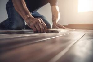 ai generado mejora dueño de casa instalando de madera laminado. generar ai foto