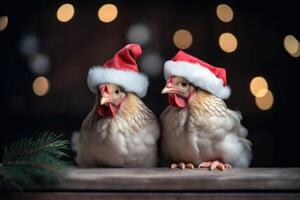AI generated Chicken with Christmas hats. Generate ai photo