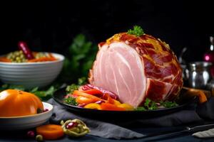 AI generated Cooked ham with colorful fresh vegetables. Generate ai photo