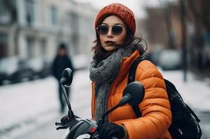 AI generated Woman driver with scooter on winter street. Generate ai photo