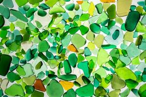 Summer background from sea glass top view. Broken glass from the ocean. Sea pattern. Oceanic mosaic. Natural colors of blue, green, white found on the coast photo