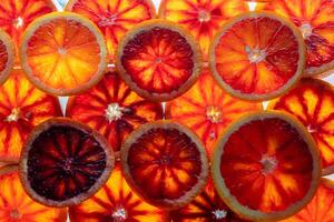Red oranges fruit background. Sliced juicy orange. Food. Summer concept. Close-up on the light. Translucent photo