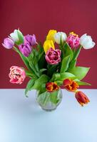 Mix of spring tulips flowers. Bouquet in a vase. Multi-colored spring flower. Gift. Red, pink, white and yellow. Background with flowers tulips close-up different colors photo