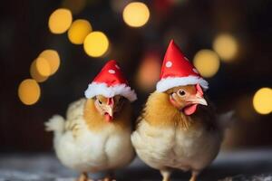 AI generated Chicken birds with Christmas hats. Generate ai photo