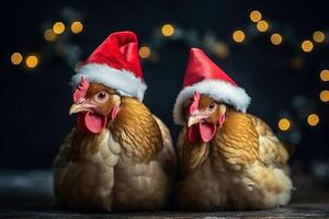 AI generated Chicken with Christmas hats on festive lights background. Generate ai photo