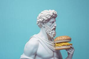 AI generated Greek deity Poseidon holding cheeseburger. Generate ai photo