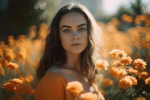 ai generado joven mujer vistiendo naranja parte superior en floral campo. generar ai foto