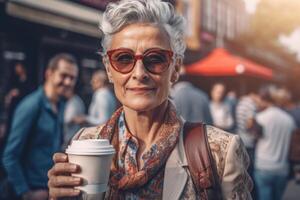 ai generado maduro mujer con para llevar café en calle. generar ai foto