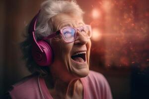 AI generated Happy excited elderly woman with pink headphones. Generate ai photo