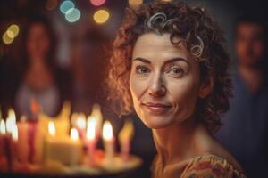 AI generated Happy curly aged woman at birthday party. Generate ai photo