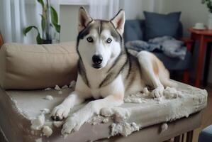 AI generated Innocent husky dog on destroyed sofa. Generate ai photo