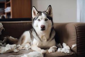 AI generated Husky destroyed sofa. Generate ai photo