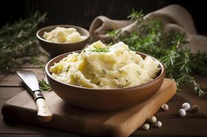 AI generated Mashed potatoes herbs bowl. Generate ai photo