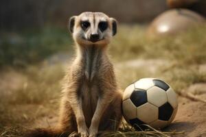 ai generado suricata posando con fútbol pelota. generar ai foto