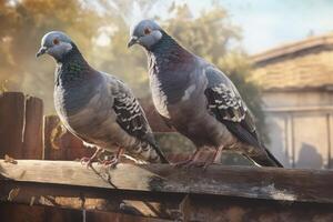 AI generated Pigeons stood on rural fence. Generate ai photo