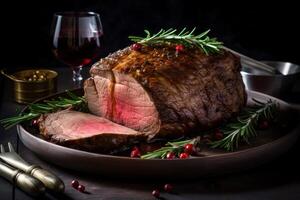 AI generated Roasted beef with rosemary still life. Generate ai photo