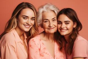 ai generado Tres generaciones familia mujer retrato. generar ai foto