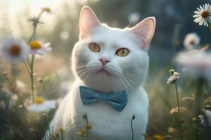 AI generated White cat with blue bow in flower field. Generate ai photo