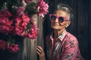 ai generado elegante mayor mujer con rosado Gafas de sol floral retrato. generar ai foto