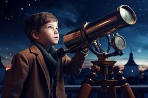 AI generated Pleased boy with telescope gazing at celestial sky. Generate ai photo