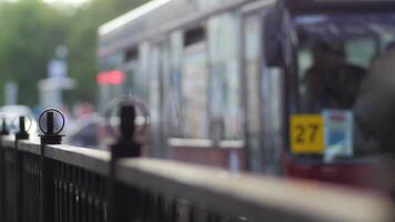 Russia, Moscow - JUNE 25, 2017. Snow in the city traffic road transport. Urban transport selective focus. Cars in highway with blur motion video