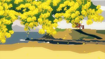 abstrait animation de dessin animé arbre avec petit maison sur le colline près bord de mer sur une Contexte. dessin animé paysage. video