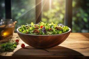 AI generated A vegetables salad in a wooden bowl photo