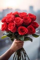 ai generado un ramo de flores de rojo rosas sostener en mano foto