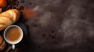 AI generated A cup of coffee with bread on black background  with copy space. photo