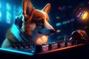 AI generated Corgi with headphones music dj disco. Generate ai photo