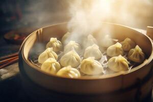 AI generated Dim sum hot dumplings steamer dish. Generate ai photo