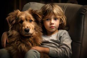 ai generado cómodamente pequeño niño con linda perrito en sillón. generar ai foto