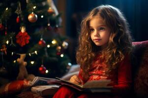 ai generado alegre pequeño niña sentado cerca Navidad árbol. generar ai foto