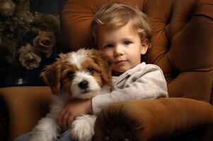 ai generado calentar pequeño niño con linda perrito en sillón. generar ai foto