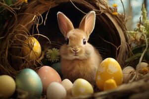 AI generated Lively Little Easter rabbit on eggs hunting. Generate ai photo